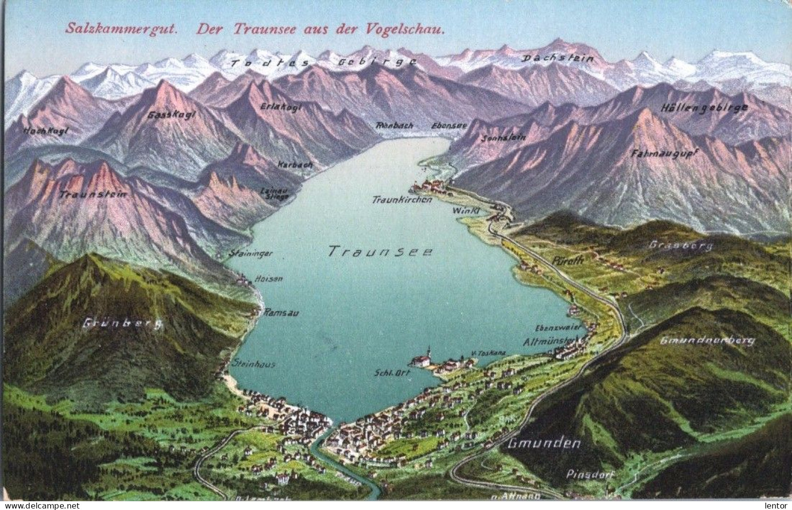 0108 / Salzkammergut, Der Traunsee Aus Der Vogelschau, 1923 F.E. Brandt In Gmunden, Photochromiekarte Nr. 1296 - Traun