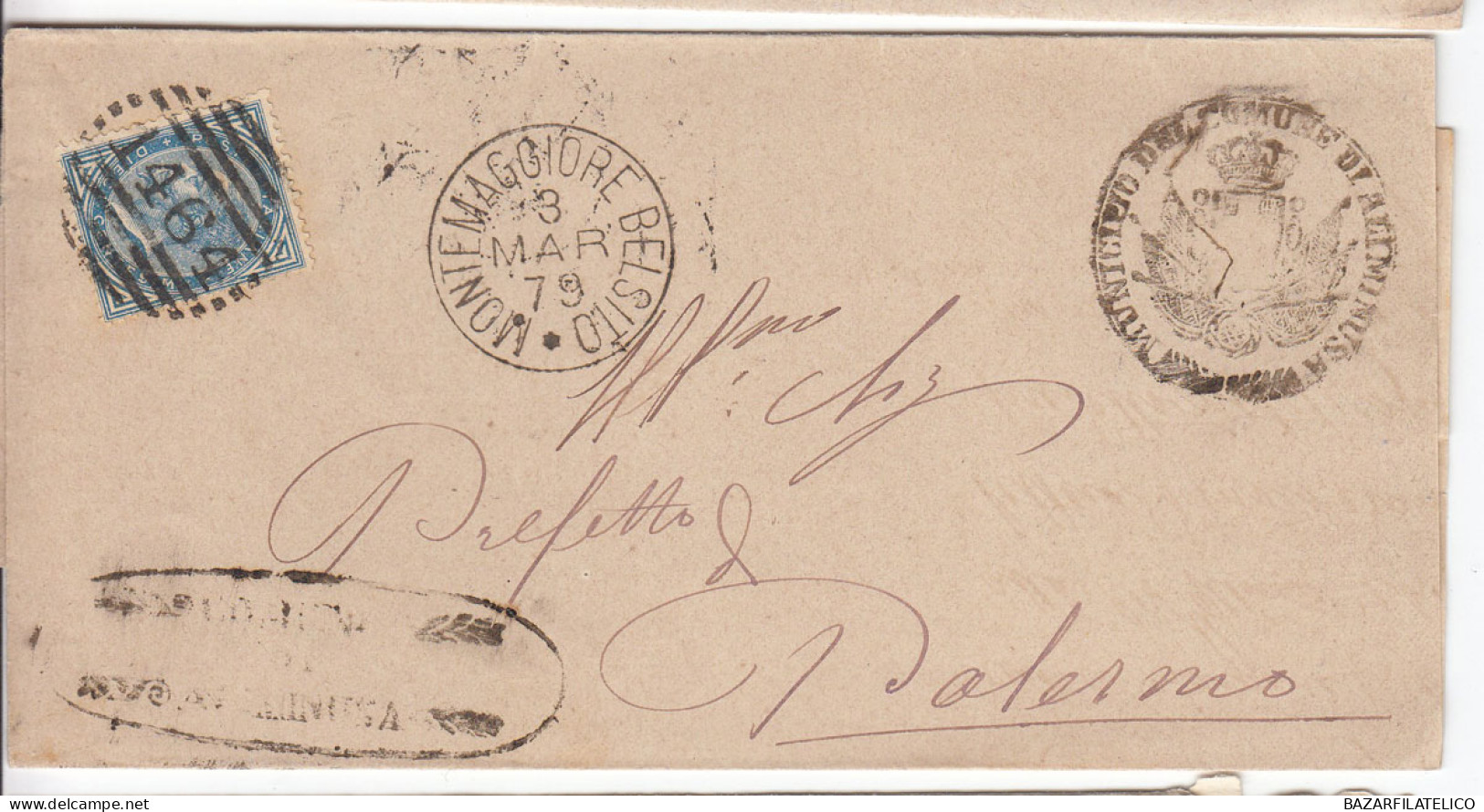 1877 10 C SU BUSTA DOPPIO ANN. NUM. + CIRCOL. DA MONTEMAGGIORE BELSITO A PALERMO - Storia Postale