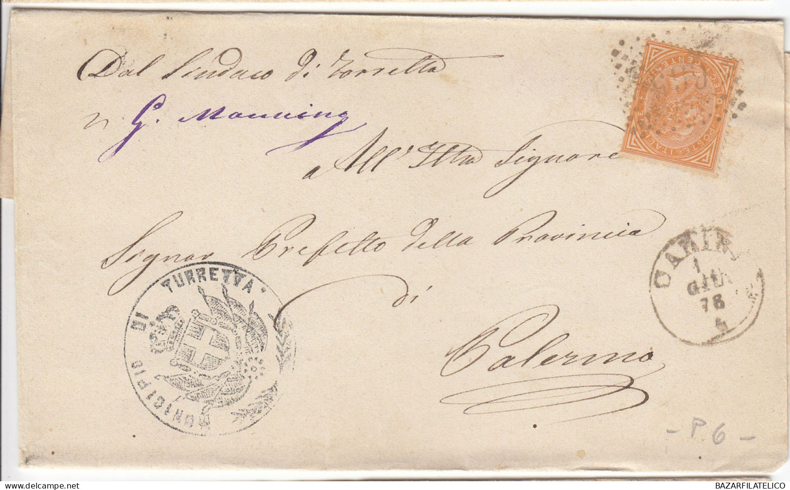 1863 10 C. SU BUSTA DOPPIO ANN. NUM. + CIRCOLARE DA CARINI A PALERMO 6 - Storia Postale