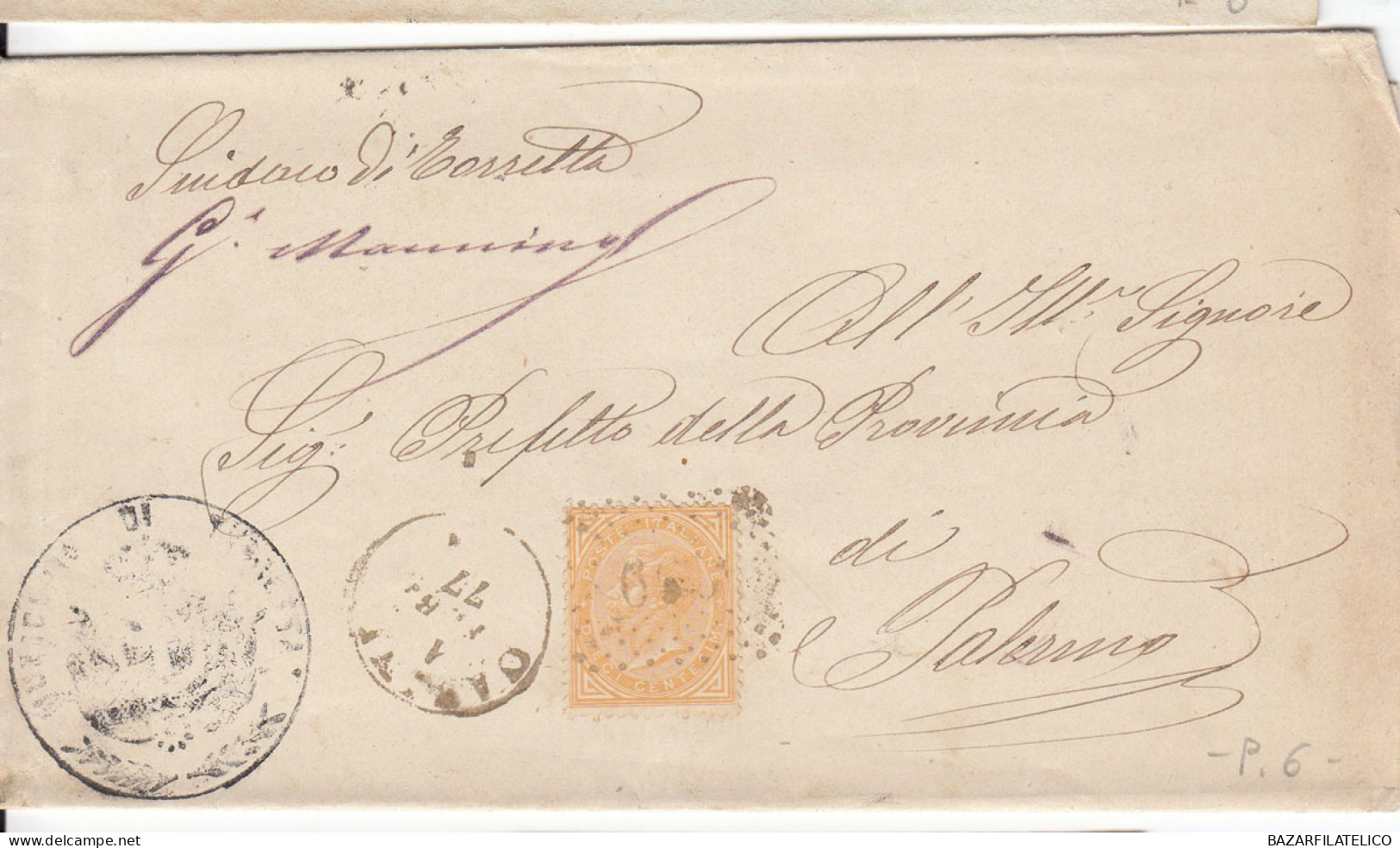 1863 10 C. SU BUSTA DOPPIO ANN. NUM. + CIRCOLARE DA CARINI A PALERMO 9 - Storia Postale