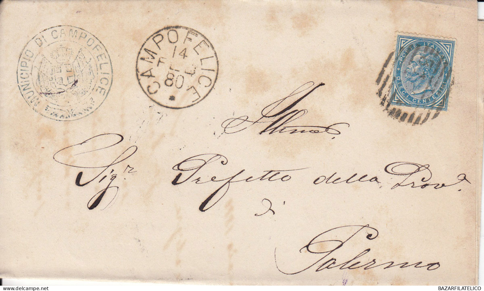 1877 10 C. SU BUSTA DOPPIO ANN. NUMERALE + CIRCOLARE DA CAMPOFELICE A PALERMO 1 - Storia Postale