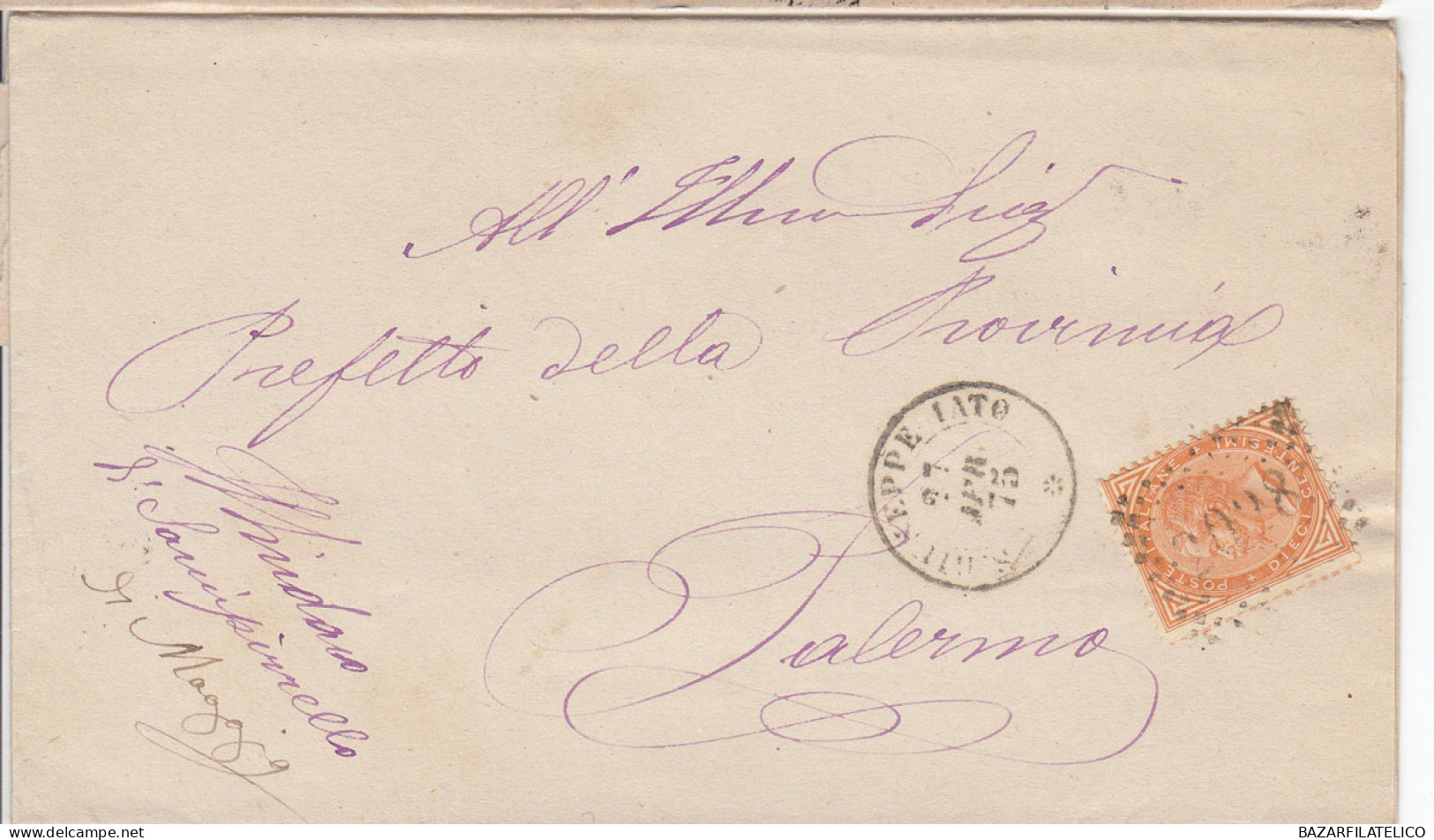 1863 10 C. SU BUSTA DOPPIO ANN. NUMERALE + D.C DA S. GIUSEPPE JATO A PALERMO 7 - Storia Postale