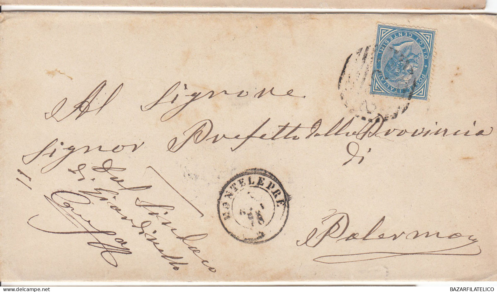 1877 10 C. SU BUSTA DOPPIO ANN. NUM. + D.C. DA MONTELEPRE A PALERMO 4 - Storia Postale