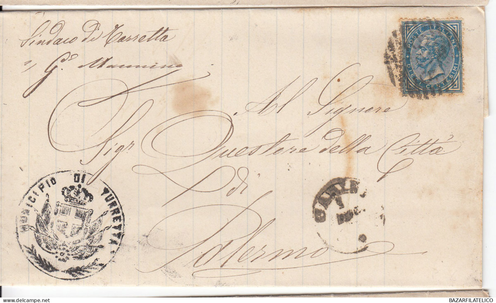 REGNO 1877 10 C. SU BUSTA DOPPIO ANNULLO NUMERALE + D.C. DA CARINI A PALERMO 1 - Storia Postale