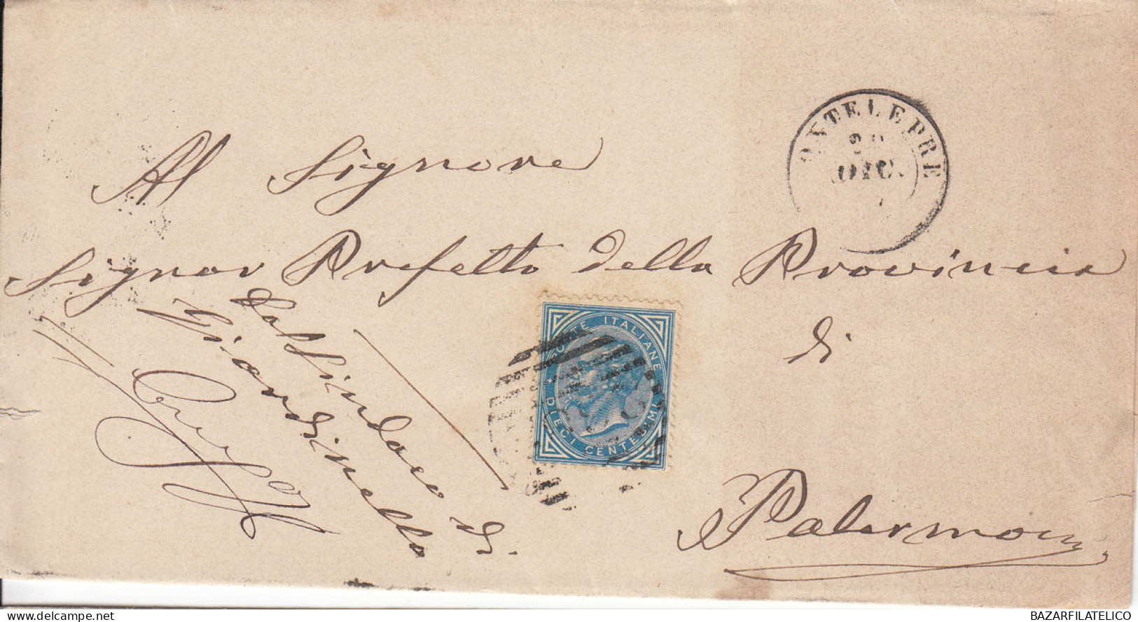 1877 10 CENTESIMI SU BUSTA DOPPIO ANN. NUM. + D.C. DA MONTELEPRE A PALERMO 1 - Storia Postale