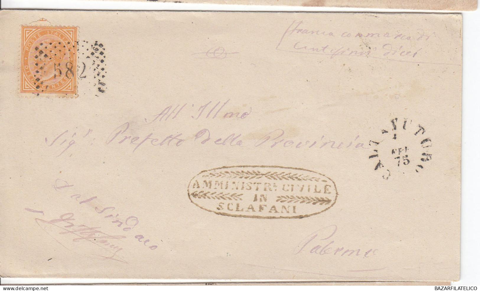 1863 10 C. SU BUSTA DOPPIO ANN. NUM. + CIRCOLARE DA CALTAVUTURO A PALERMO - Storia Postale