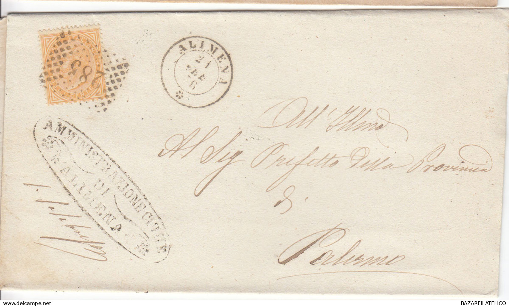 1863 10 C. SU BUSTA DOPPIO ANN. NUM. + D.C DA ALIMENA A PALERMO - Storia Postale