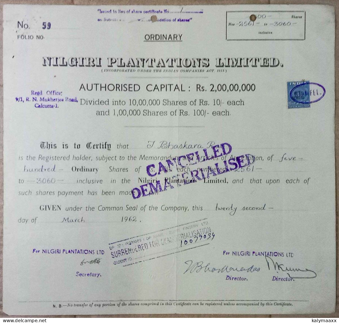 INDIA 1962 NILGIRI PLANTATIONS LIMITED.....SHARE CERTIFICATE - Landwirtschaft