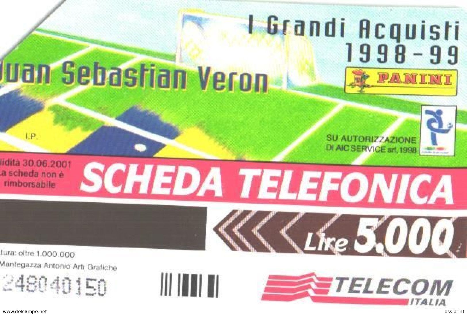 Italy:Used Phonecard, Telecom Italia, 5000 Lire, Football Player Juan Sebastian Veron - Public Themes