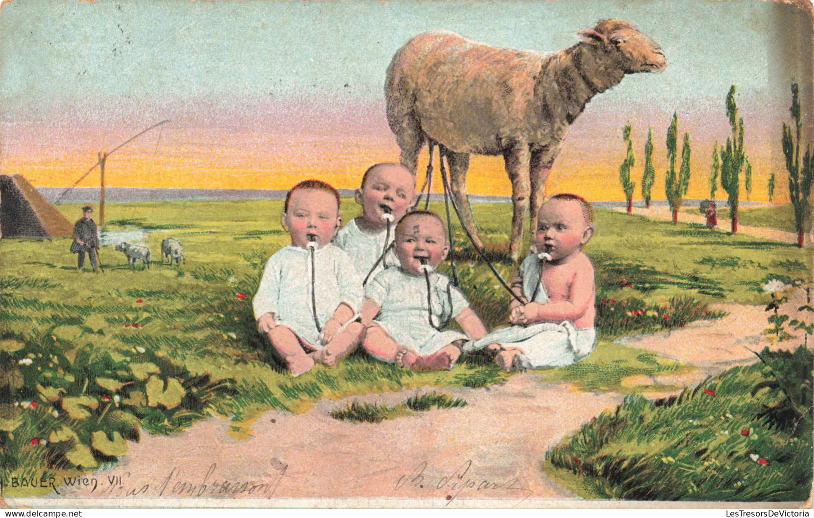 FANTAISIES - Bébés - Dessin D'enfants - Chèvre - Colorisé - Carte Postale Ancienne - Neonati