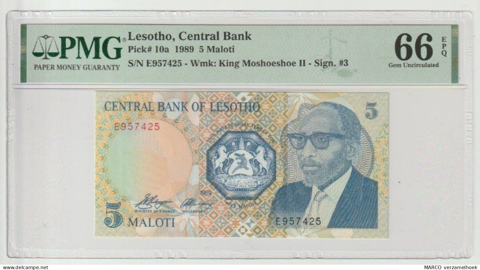 Banknote PMG Lesotho Central Bank 5 Maloti Pick# 10a 1989  EPQ: Gem UNC-66 - Lesotho