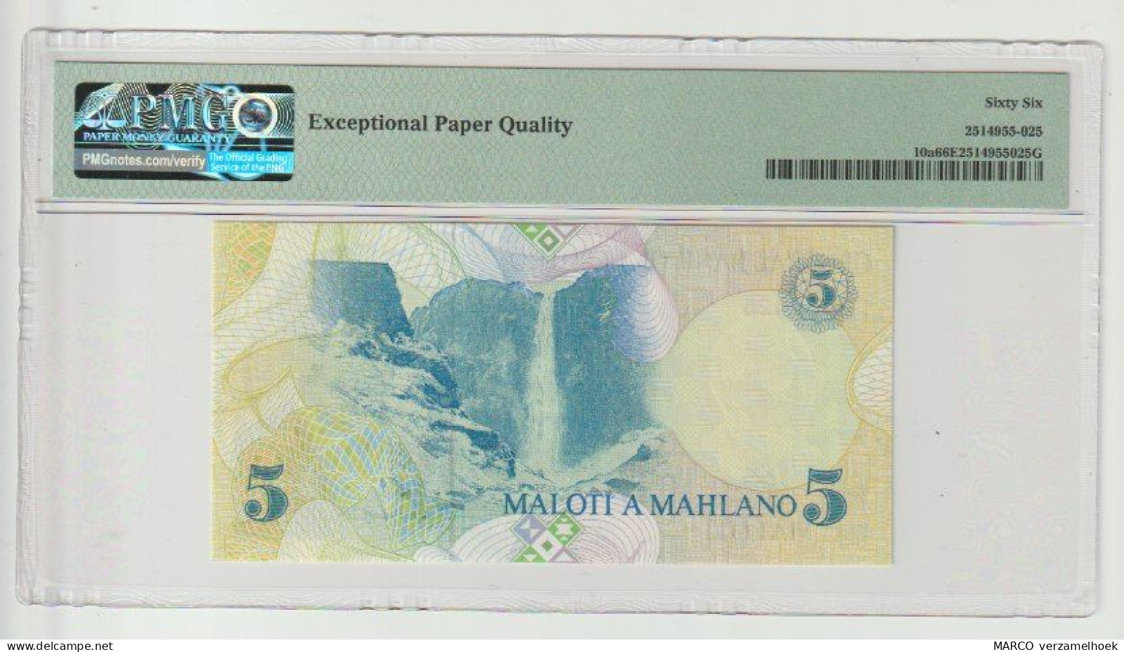 Banknote PMG Lesotho Central Bank 5 Maloti Pick# 10a 1989  EPQ: Gem UNC-66 - Lesoto