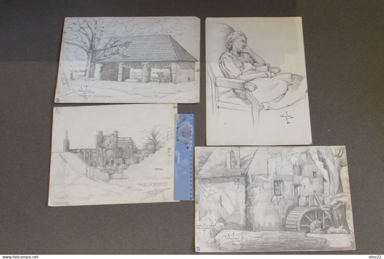 TOURNAI-REGION-4 DESSINS DE WUYLENS- EGLISE ST QUENTIN 1941 - FERME LAGACHE - MOULIN A EAU A FROYENNE-DAME ENDORMIE - Drawings