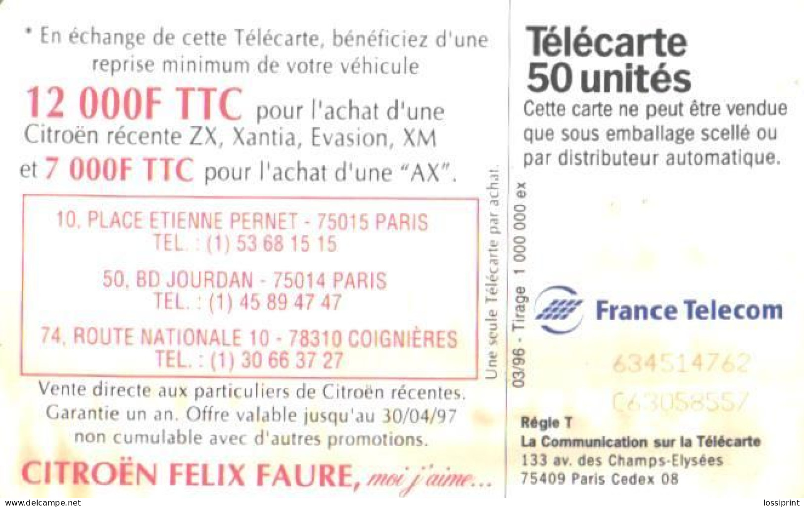 France:Used Phonecard, France Telecom, 50 Units, Car, Citroen Xantia, 1996 - 1996