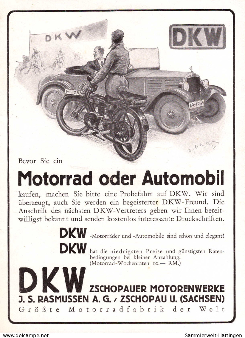 602264 | Motorrad, Auto Werbung (20,5x14cm)  Aus Der Zeitschrift "UHU" 5 / 1929, Rückseite Bedruckt, DKW | Zschopau (O 9 - Andere & Zonder Classificatie