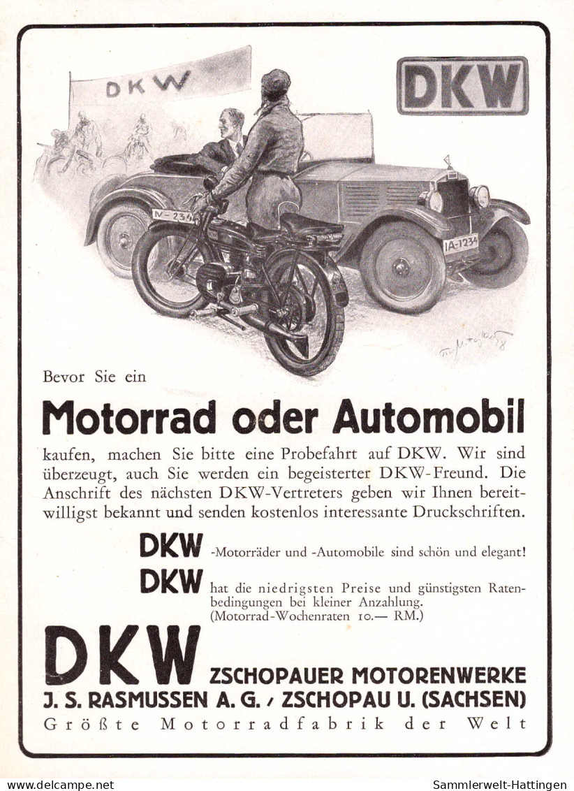 602264 | Motorrad, Auto Werbung (20,5x14cm)  Aus Der Zeitschrift "UHU" 5 / 1929, Rückseite Bedruckt, DKW | Zschopau (O 9 - Autres & Non Classés