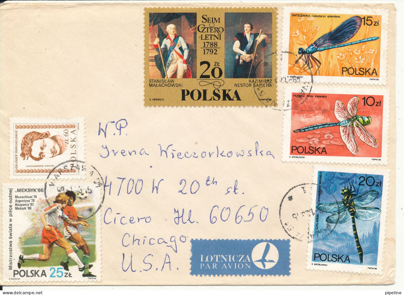Poland Cover Sent Air Mail To USA Warszawa 23-1-1989?? With More Topic Stamps - Lettres & Documents