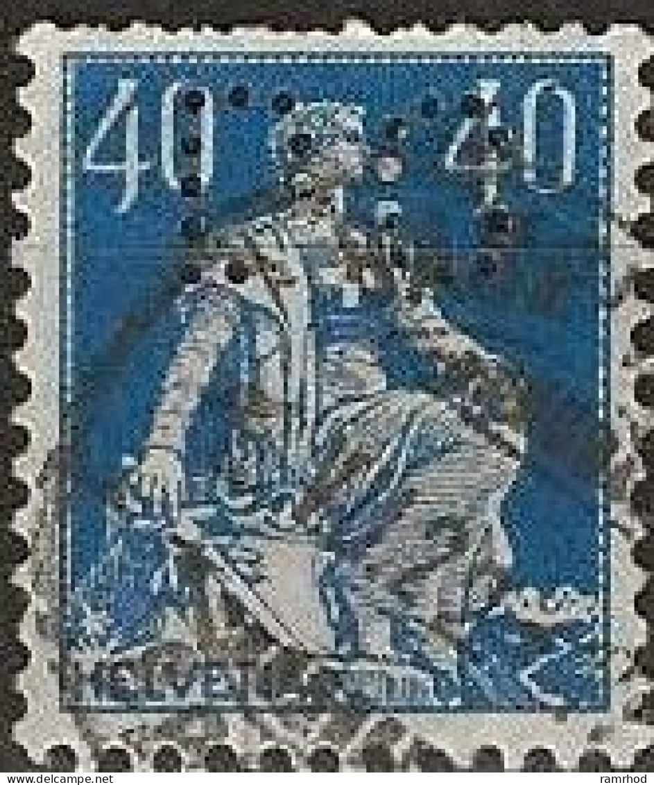 SWITZERLAND 1908 Sitting Helvetia - 40c. - Blue FU PERFIN MARKED "DC" - Perfins