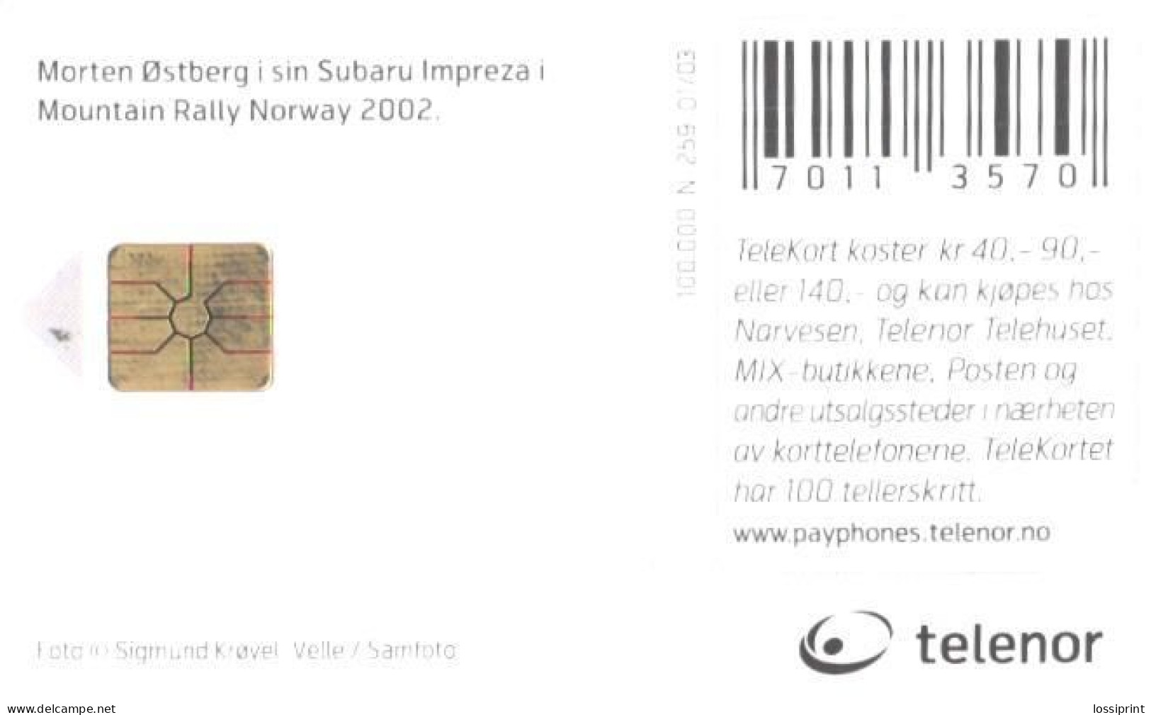 Norway:Used Phonecard, Telenor, 140 NOK, Morten Ostberg In Subaru Impreza, 2003 - Norvège