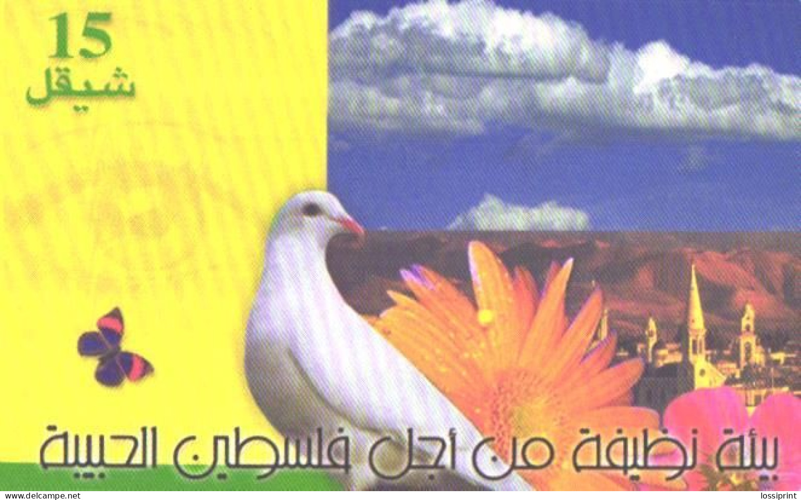 Palestine:Used Phonecard, Palestine Telecommunications CO, 15, Dove And View, 2003 - Palestina