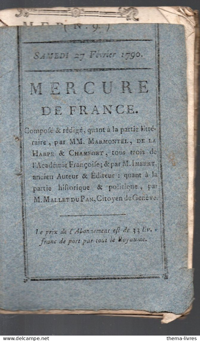 Mercure De France  Du Samedi 27 Février 1790 Par Marmontel La Harpe Et Chamfort (PPP45006) - Giornali - Ante 1800