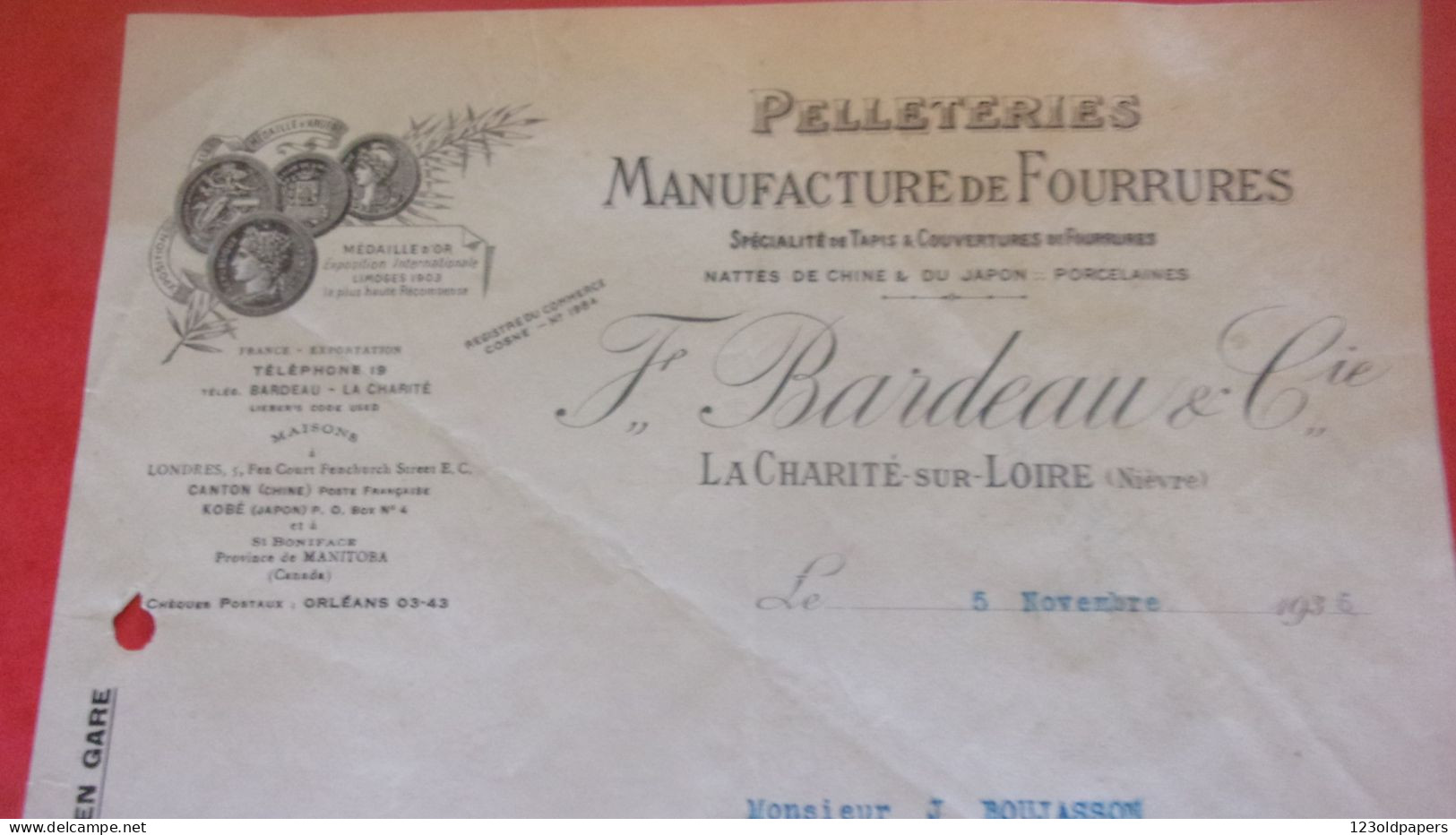 58 LA CHARITE SUR LOIRE NIEVRE COMMERCE MAGASIN PELLETERIES MANUFACTURE DE FOURRURES F. BARDEAU & CIE - 1900 – 1949