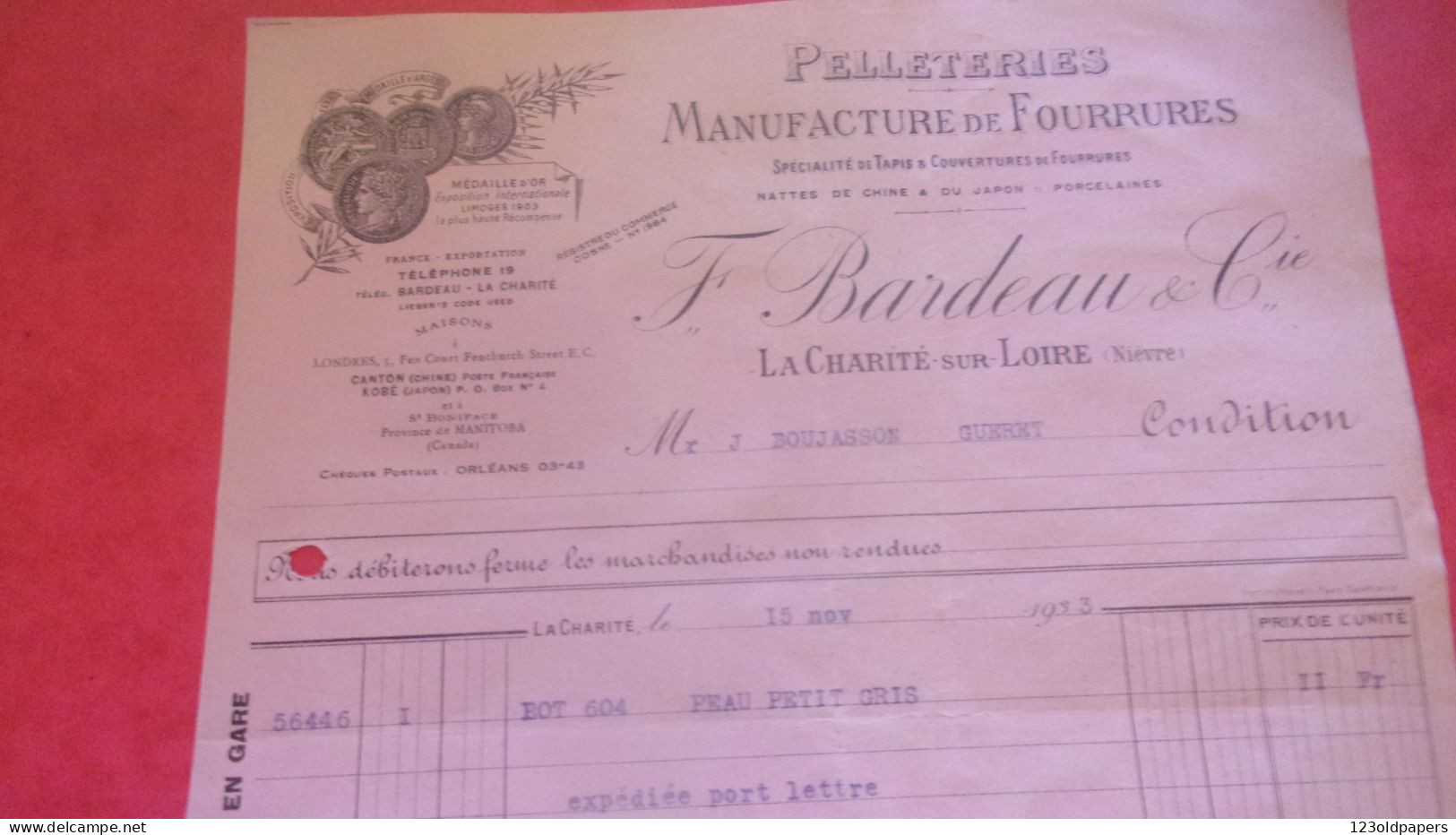 58 LA CHARITE SUR LOIRE NIEVRE COMMERCE MAGASIN PELLETERIES MANUFACTURE DE FOURRURES F. BARDEAU & CIE - 1900 – 1949