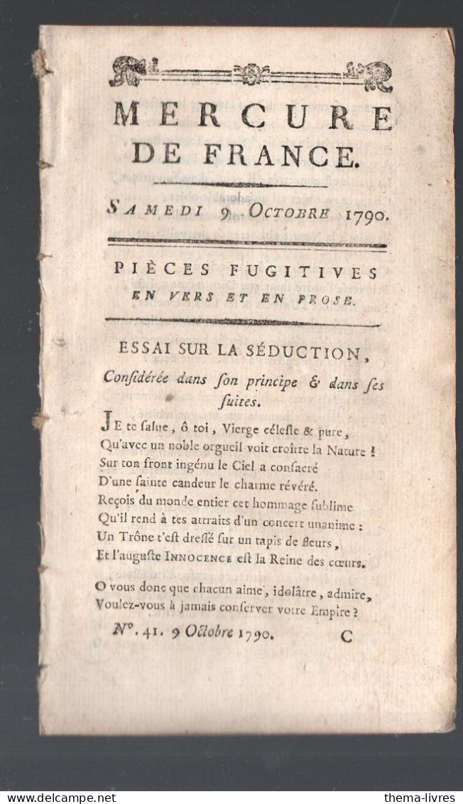 Mercure De France  Du Samedi 9 Octobre 1790 Essai Sur La  Séduction  Et Autres Textes (PPP45007) - Newspapers - Before 1800