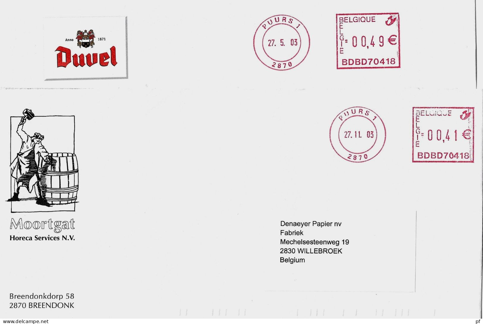 4 X Ema Freistempel  Brouwerij DUVEL MOORTGAT  Breendonk Puurs VC 1612 - PBU 2938 En 2 X BDBD70418 - Bières