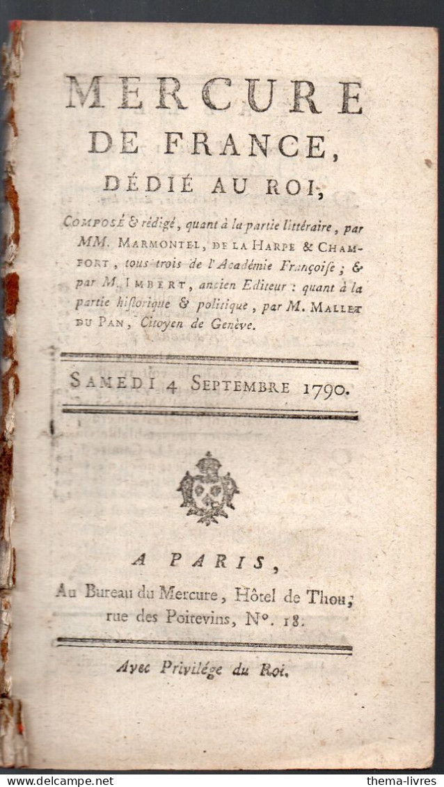 Mercure De France  Du Samedi 4 Septembre  1790 Par Marmontel La Harpe Et Chamfort  (PPP45008) - Giornali - Ante 1800