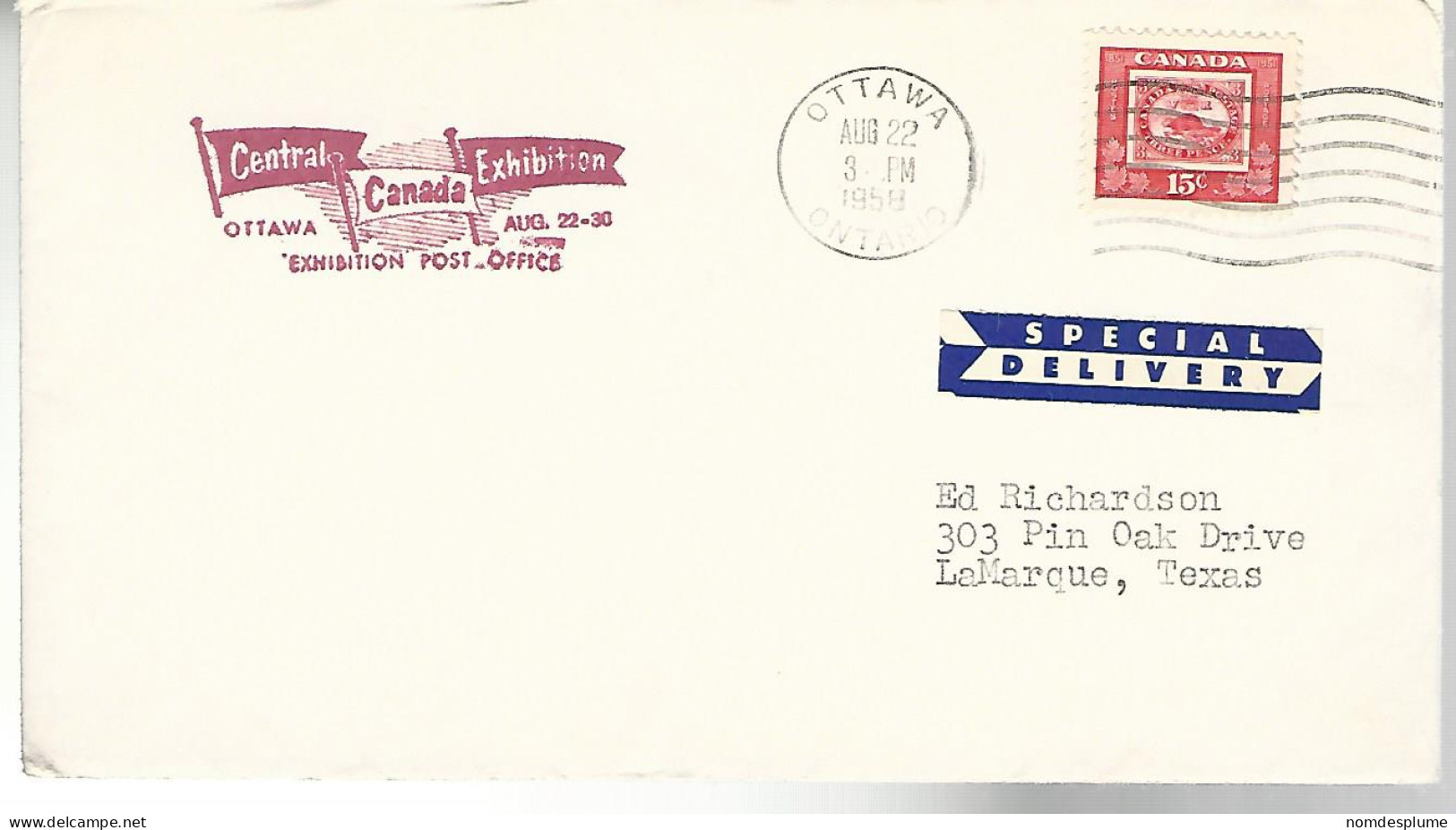 52671 ) Cover Canada Central Canada Exhibition Post Office EOttawa Postmark 1958 - Cartas & Documentos
