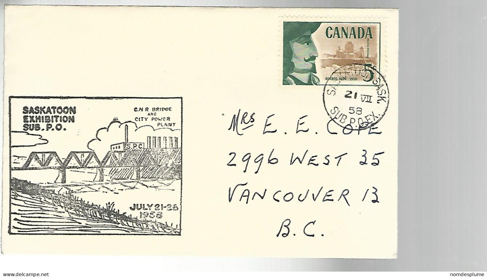 52677 ) Cover Canada Provincial Exhibition Post Office Saskatoon Postmark 1958 - Brieven En Documenten