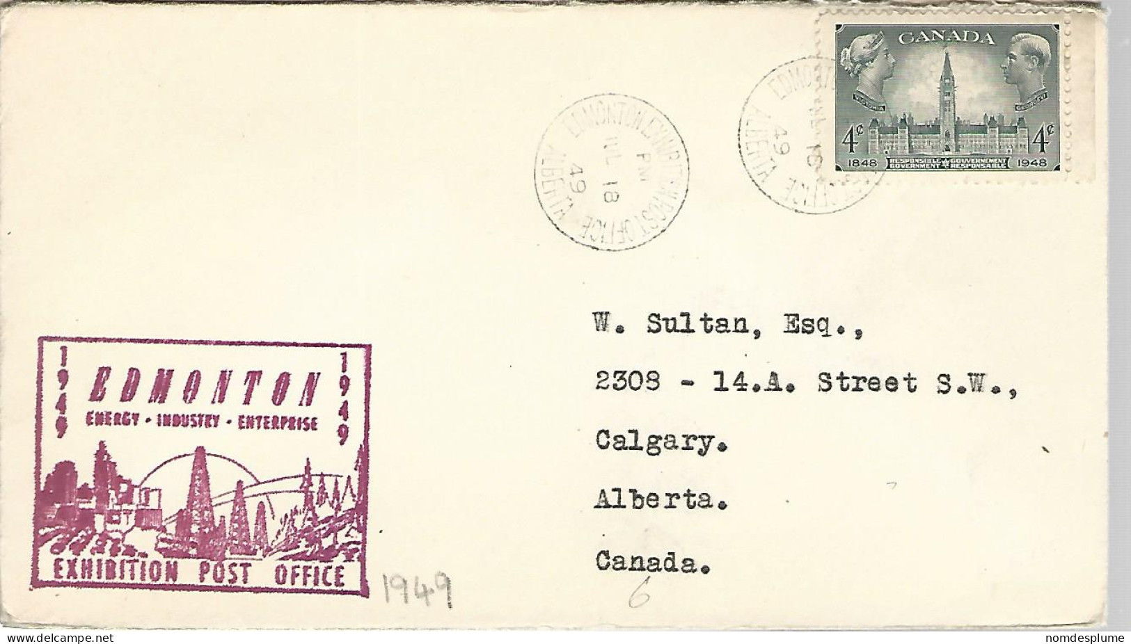 52685 ) Cover Canada Edmonton Exhibition Post Office  Postmark 1949 - Cartas & Documentos