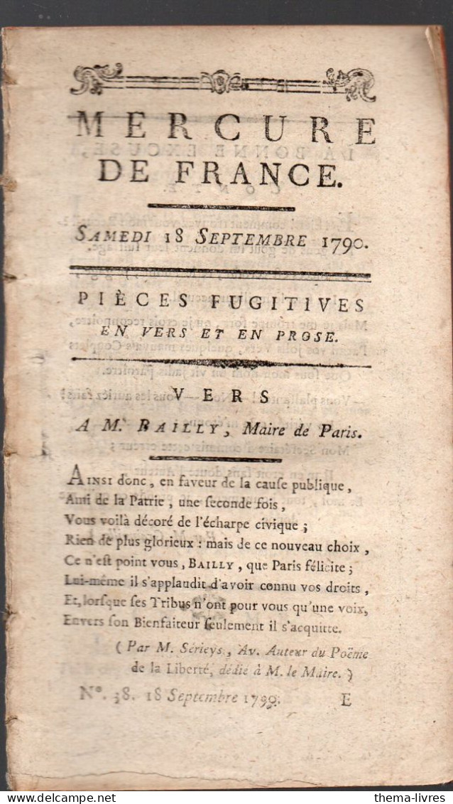 Mercure De France  Du Samedi 18 Septembre  1790 Pièces Fugitives  (PPP45009) - Kranten Voor 1800