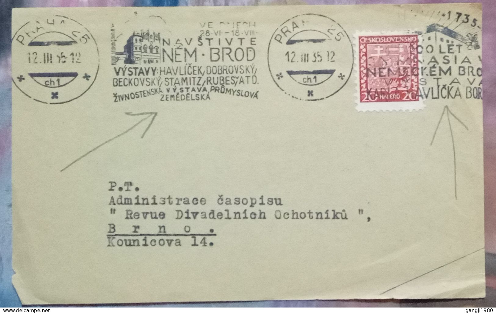 CZECOSLOVAKIA 1935, COVER FRONT CUTOUT ONLY, NAVSTIVTE NEM BROD, PRAG CITY, MACHINE SLOGAN CANIEL - Altri & Non Classificati