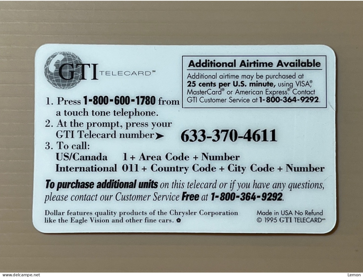 Mint USA UNITED STATES America Prepaid Telecard Phonecard, Dollar - Eagle Car SAMPLE CARD, Set Of 1 Mint Card - Collections