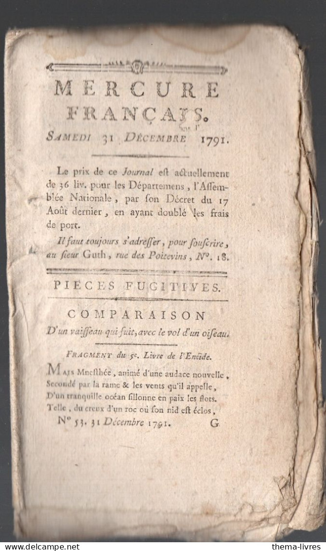 Mercure Français  Du Samedi 31 Decembre 1791   (PPP45011) - Periódicos - Antes 1800