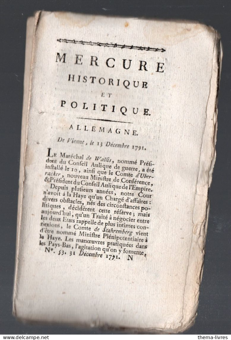 Mercure Historique Et Politique: Allemagne... Vienne Le 13 Decembre 1791   (PPP45012) - Zeitungen - Vor 1800