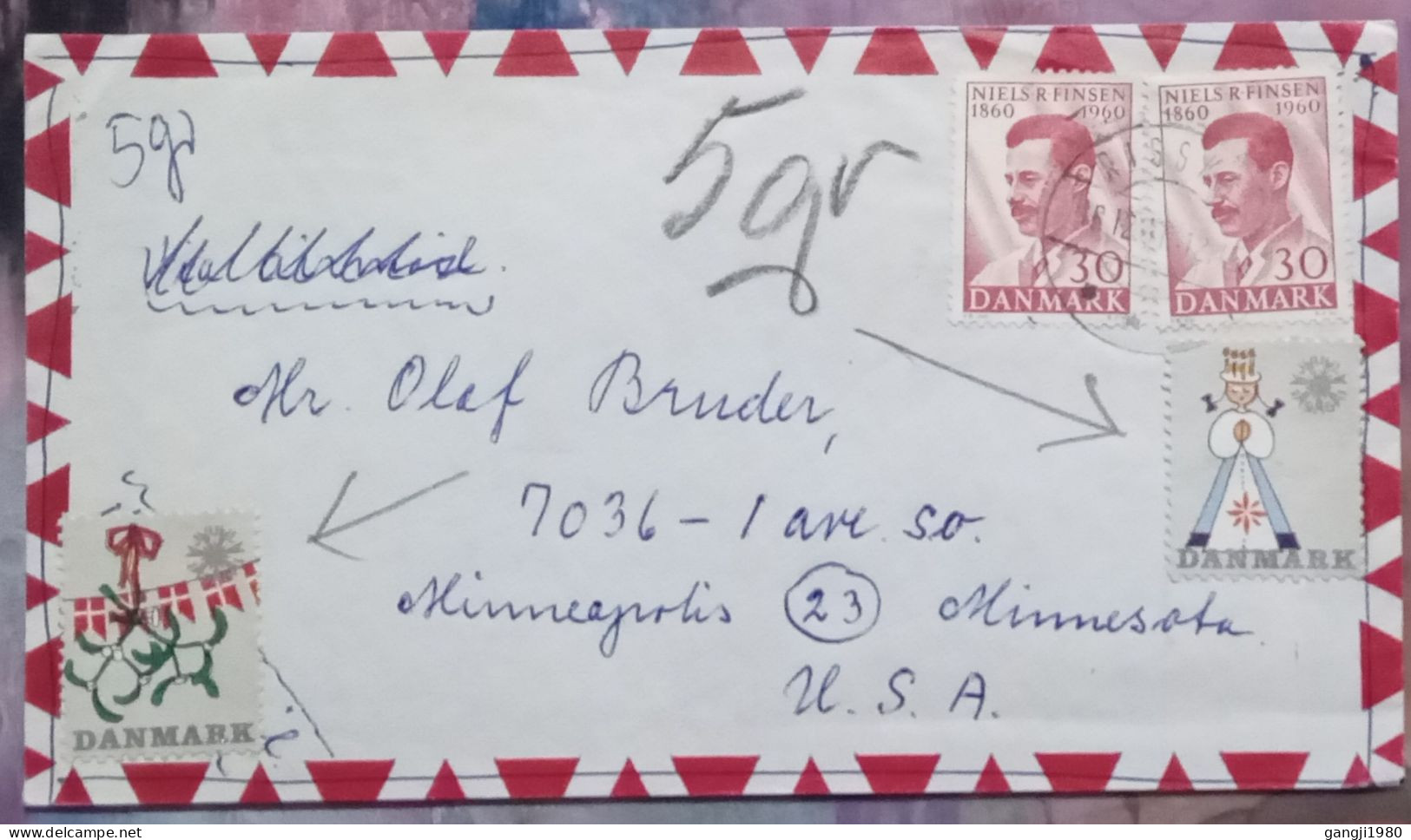 DENMARK 1961, COVER USED TO USA,  2 DIFFERENT VIGNETTE LABEL, 2 STAMP NIELS-R-FINSEN,  RISSKOV CITY CANCEL - Autres & Non Classés