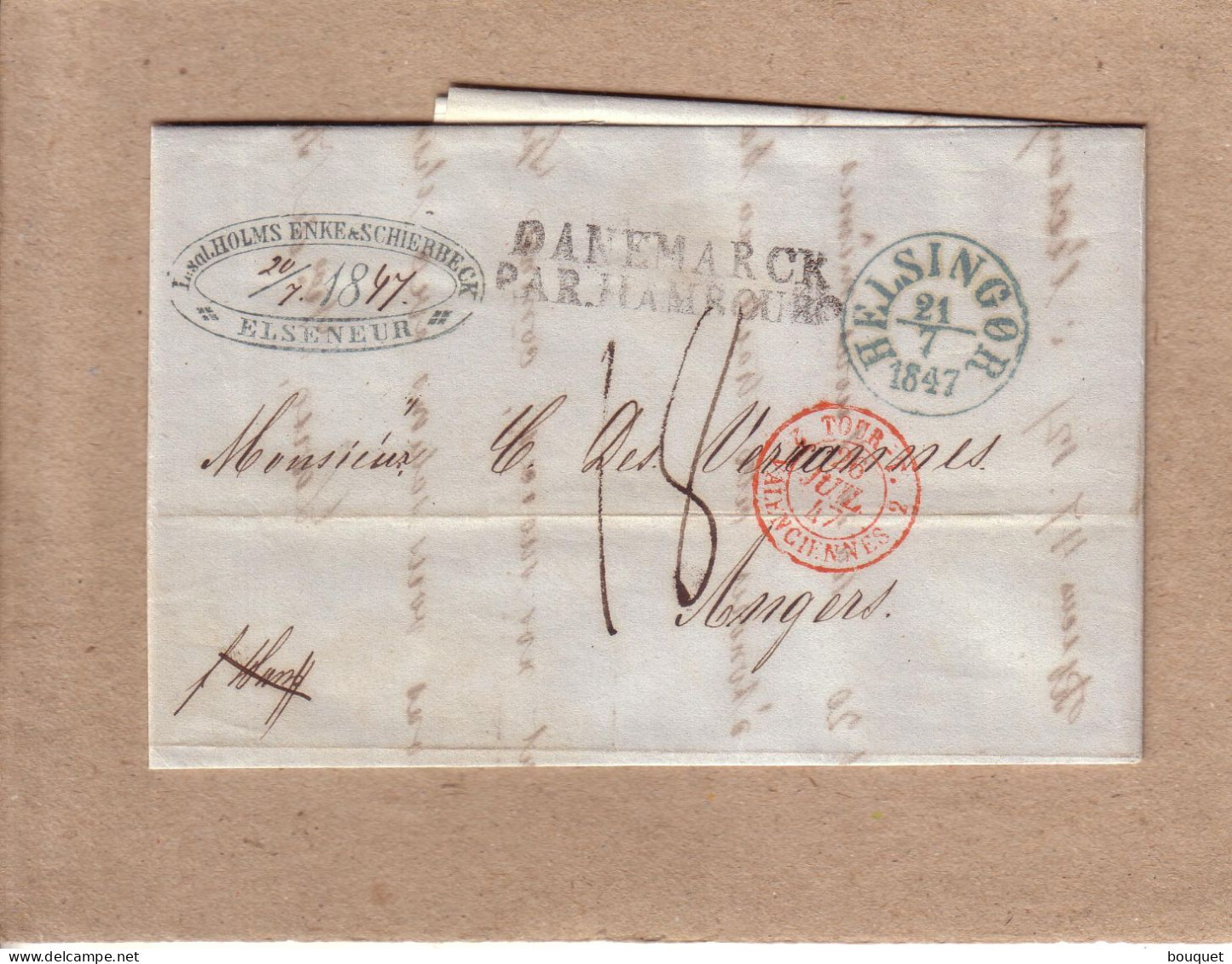 DANEMARK - LETTRE D' ELSENEUR A C. DESVARANNES ANGERS , ENTREE ROUGE TOUR ET TAXI VALENCIENNES + TAXE - 1847 - ...-1851 Prephilately