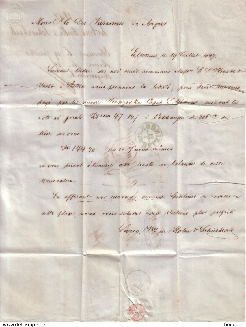 DANEMARK - LETTRE D' ELSENEUR A C. DESVARANNES ANGERS , ENTREE ROUGE TOUR ET TAXI VALENCIENNES + TAXE - 1847 - ...-1851 Préphilatélie