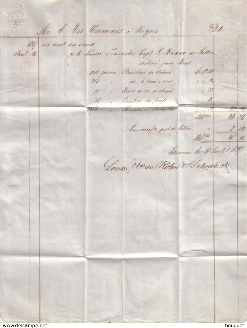 DANEMARK - LETTRE D' ELSENEUR A C. DESVARANNES ANGERS , ENTREE ROUGE TOUR ET TAXI VALENCIENNES + TAXE - 1847 - ...-1851 Prephilately