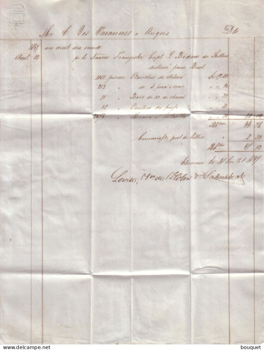 DANEMARK - LETTRE D' ELSENEUR A C. DESVARANNES ANGERS , ENTREE ROUGE TOUR ET TAXI VALENCIENNES + TAXE - 1847 - ...-1851 Préphilatélie