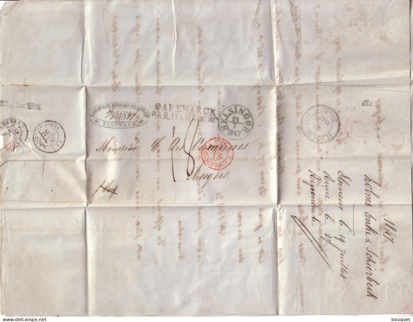 DANEMARK - LETTRE D' ELSENEUR A C. DESVARANNES ANGERS , ENTREE ROUGE TOUR ET TAXI VALENCIENNES + TAXE - 1847 - ...-1851 Préphilatélie