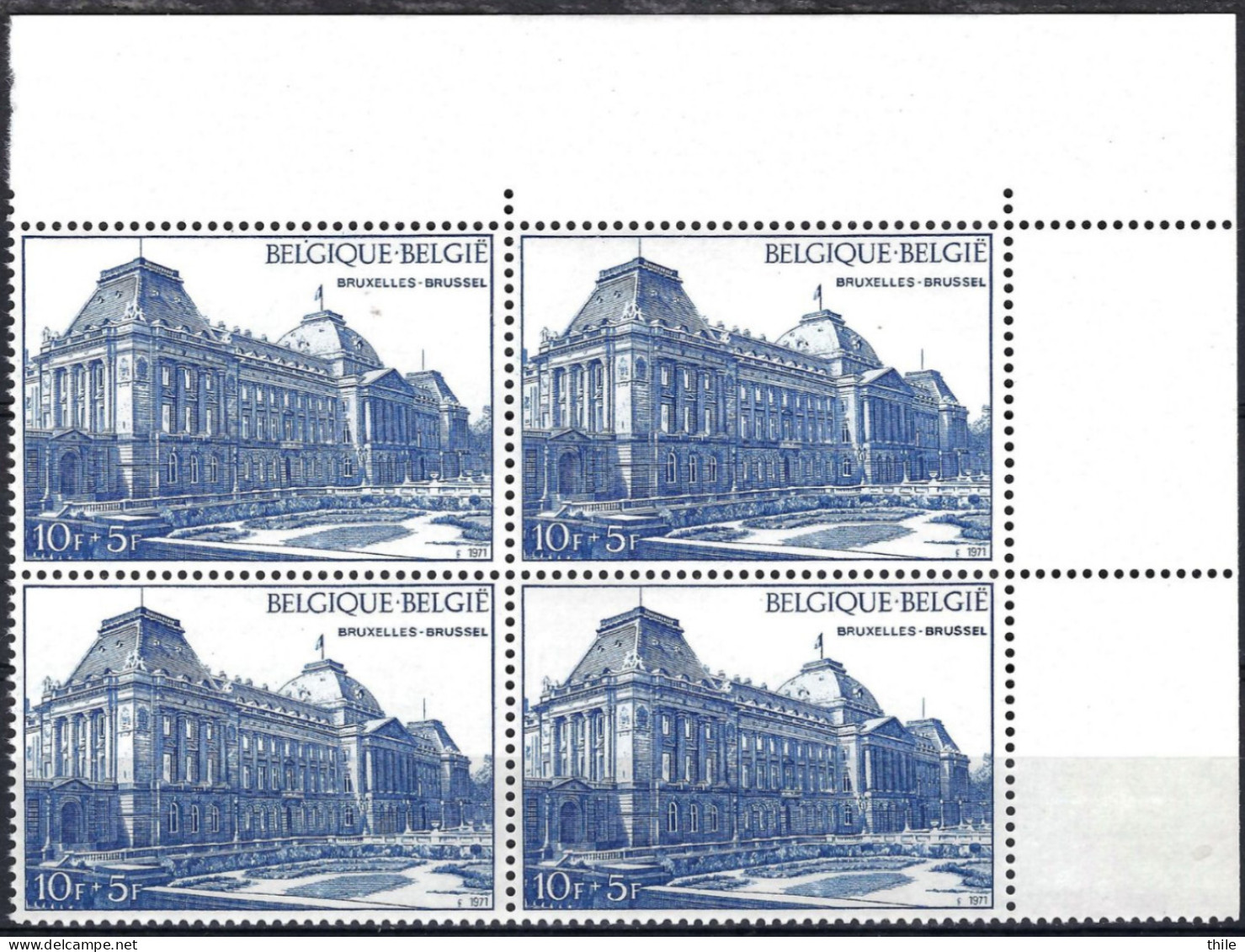 COB 1607 ** - Bruxelles - Palais Royal - Petits Points Bleus Sur Le Côté Gauche - T1, T2 Et T3 - Bloc De 4 Timbres - 1961-1990