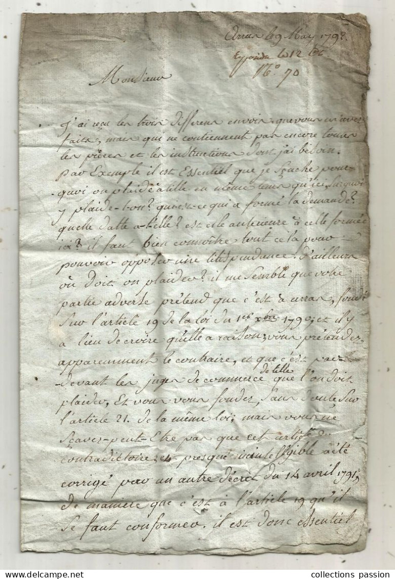 Lettre, Préphilatélie, Précurseurs XVIII E Siècle, ARRAS à Lille, 1798, 3 Scans - 1701-1800: Precursors XVIII
