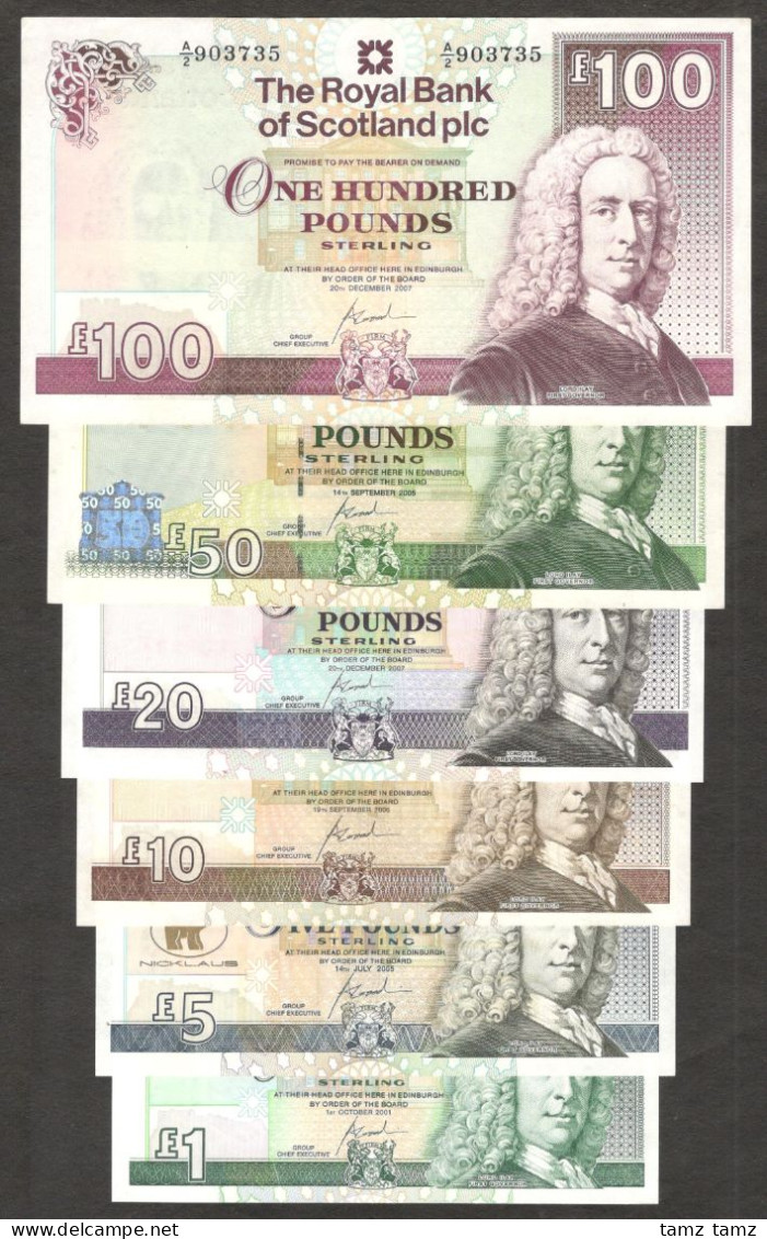 Full Set 6 Pcs Scotland 1 5 10 20 50 100 Pounds 2001 - 2007 High Grade Scarce - Collections