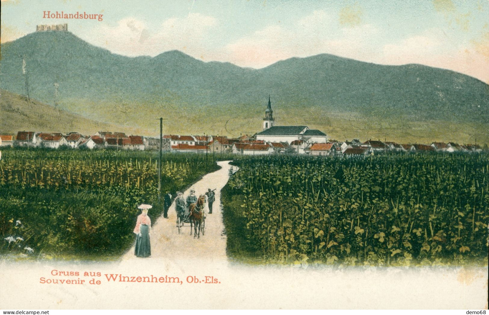 Wintzenheim CPA 68 Haut Rhin Belle Litho Gruss Aus ...  Souvenir De ... Avec Holandsburg Calèche 1908 Ed Metz Tûbingen - Wintzenheim