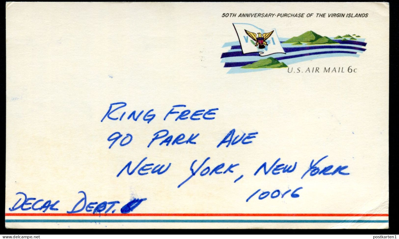 UXC6 Air Mail Postal Card Used Palos Verdes Peninsula CA - New York NY 1968 - 1961-80