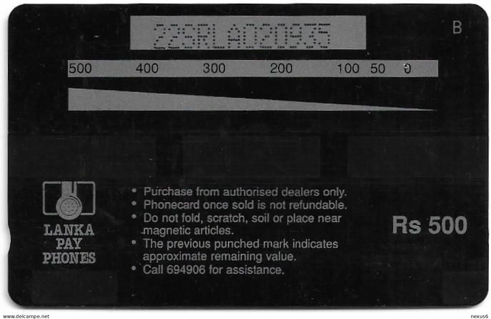 Sri Lanka - Lanka Pay Phones (GPT) - Whistling Teal - 22SRLA (Normal 0, Letter B), 500Rs, Used - Sri Lanka (Ceylon)